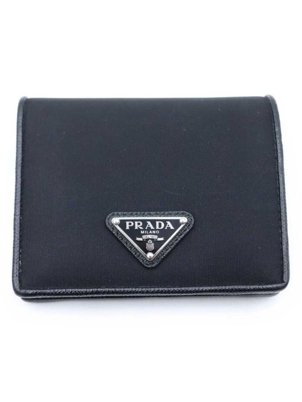Prada Triangle Logo Compact Wallet Bifold Black Tessuto Nylon - Picture 1 of 6